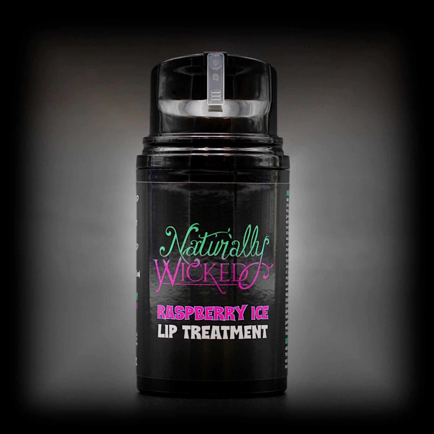 Naturally Wicked Raspberry Ice Lip Treatment Container Without Lid Revealing Dispenser & Protective Luxury Seal